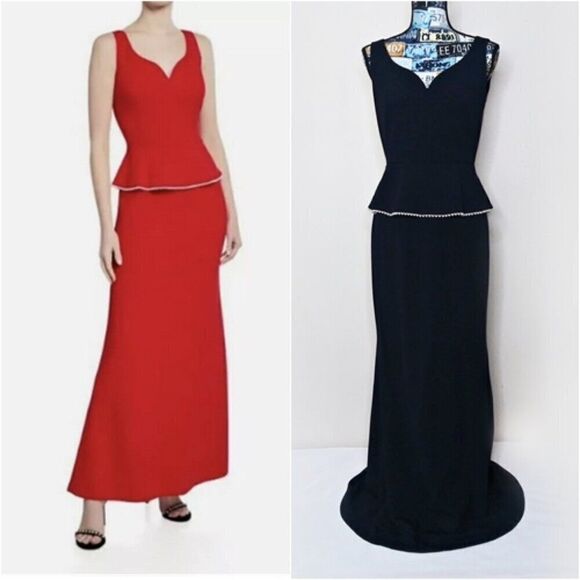 KARL LAGERFELD Paris Formal Peplum Maxi Dress Pearl Beaded Sleeveless Navy Sz 4 - Picture 1 of 10